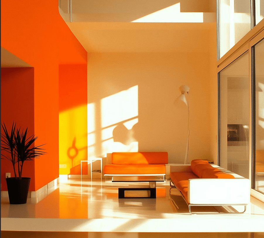 Bright modern living room with orange sofas and sunlight.