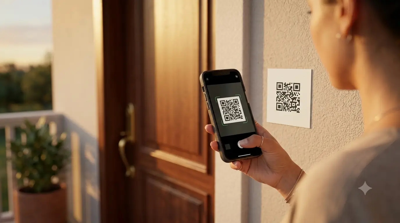 A guest scans a QR code card beside a rental's front door to open the digital guidebook on their phone.