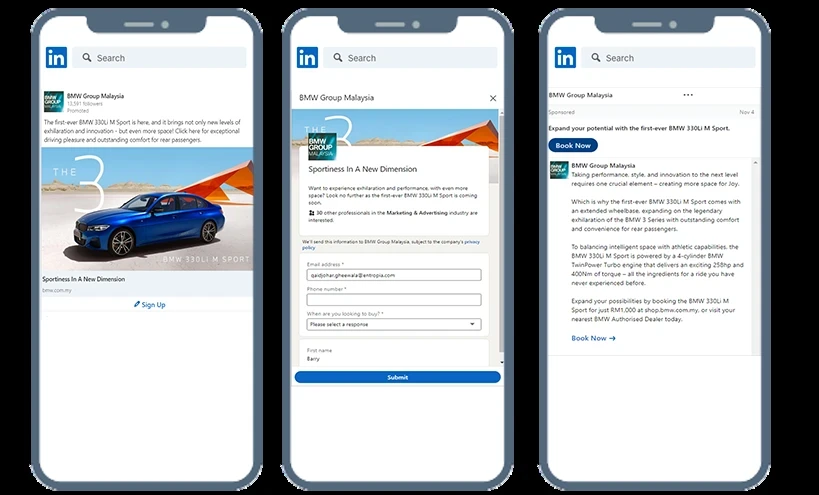 BMW LinkedIn Sponsored Content example showing the main elements of a single image ad.