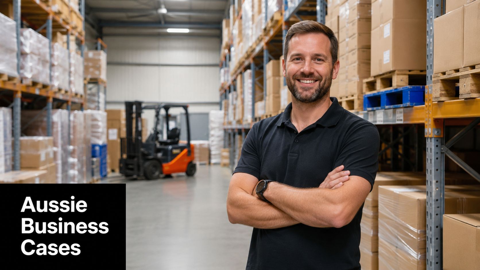 A smiling warehouse manager with arms crossed standing in front of large storage shelves and a forklift.