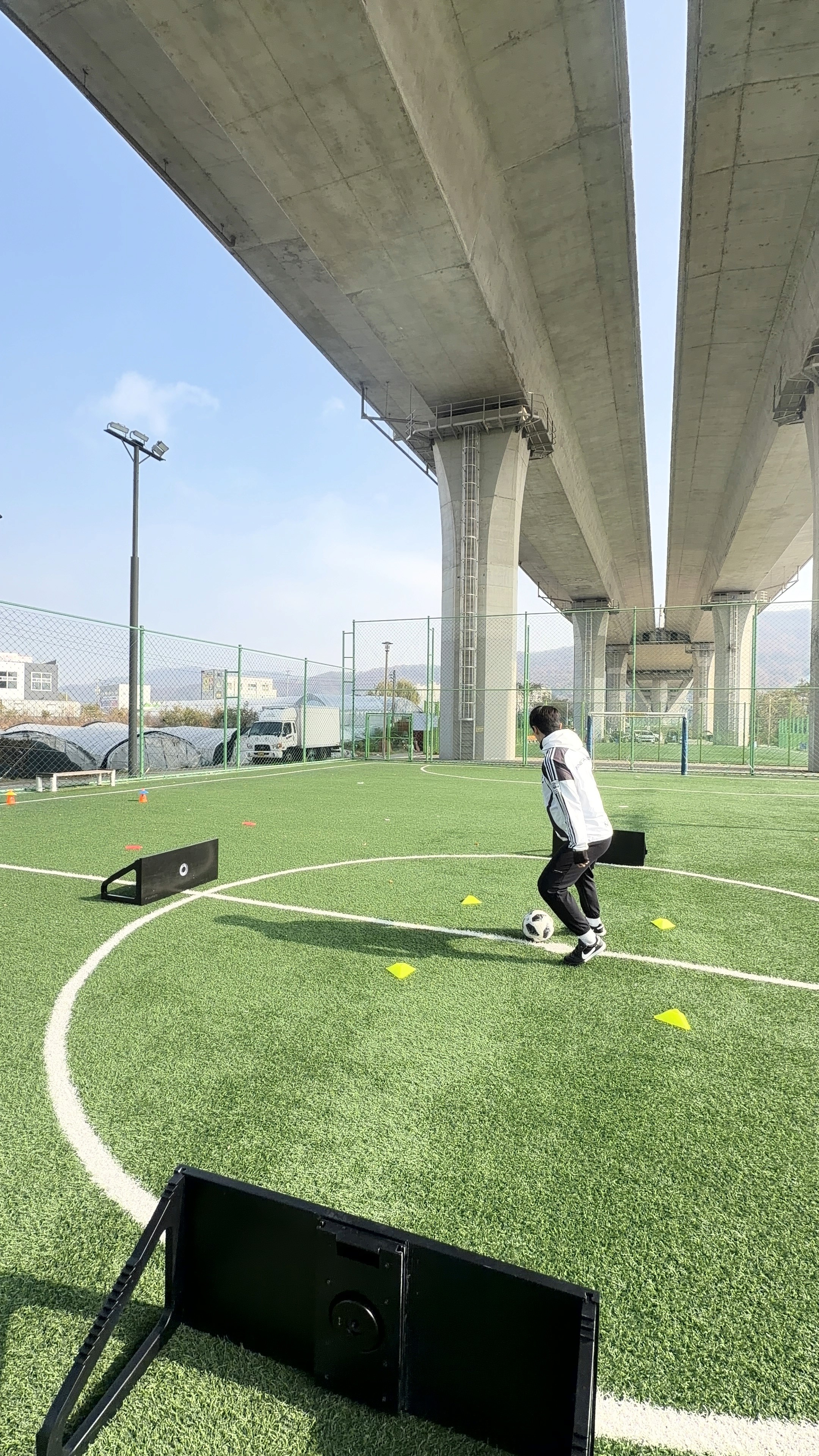 a person's feet with a ball on a purple carpet