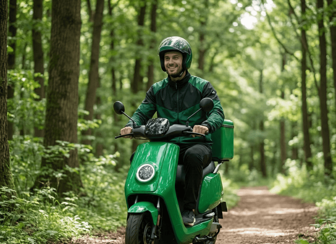 Yuvwaa Electric delivery rider on a green scooter, symbolizing eco-friendly transportation.