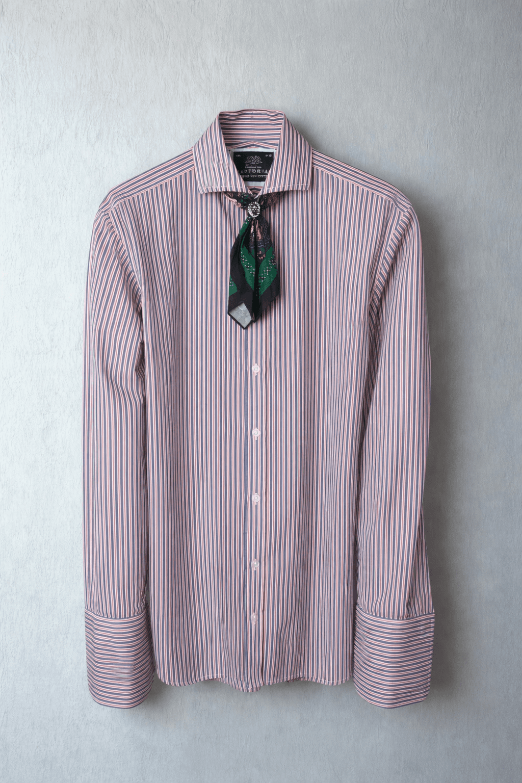Striped button-up shirt with decorative scarf
