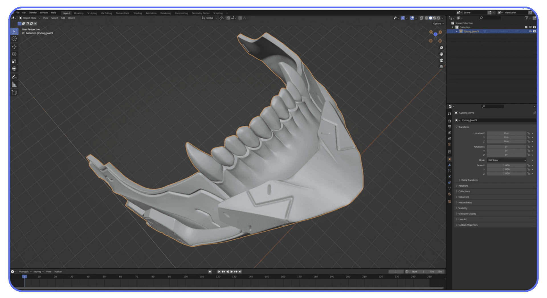 A detailed 3D jaw and mouthpiece model displayed in Blender, highlighted with an outline to show its mesh selection.