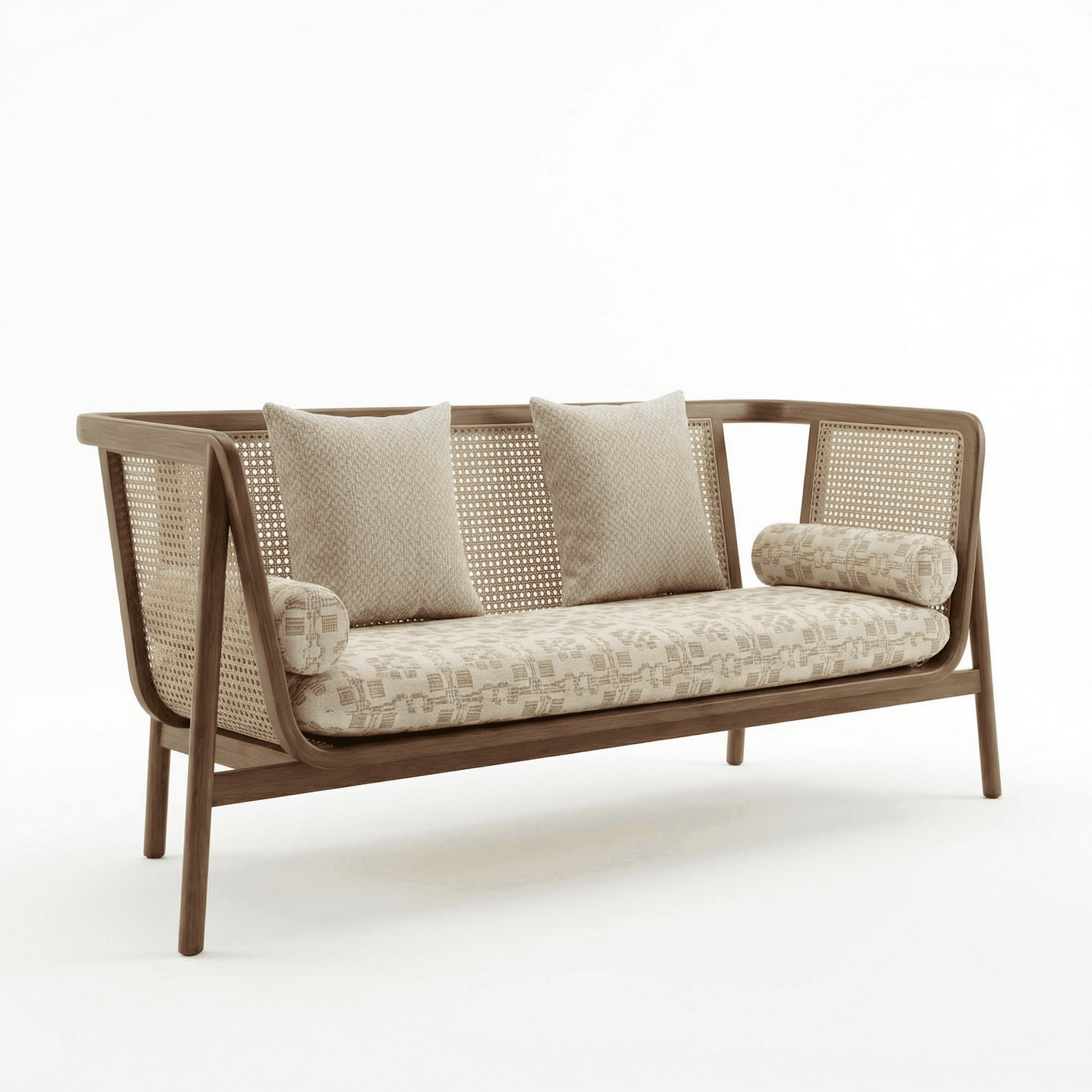 Three‑seater wooden sofa with cane back and upholstered seat