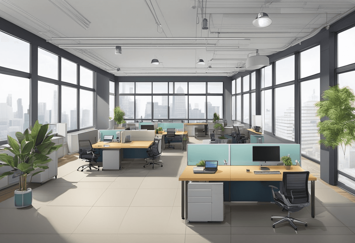 A modern office space with movable furniture and open floor plan, showcasing a mix of traditional and contemporary design elements