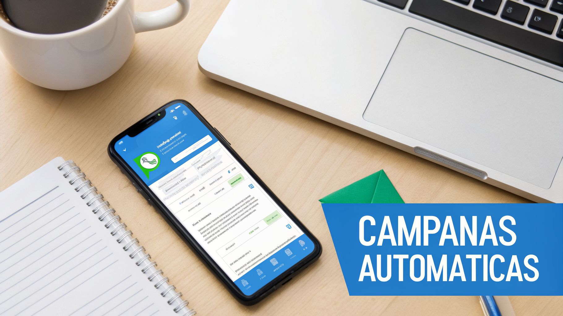 Teléfono con app para fidelizar clientes en escritorio con portátil, café. Banner: Campañas Automáticas.