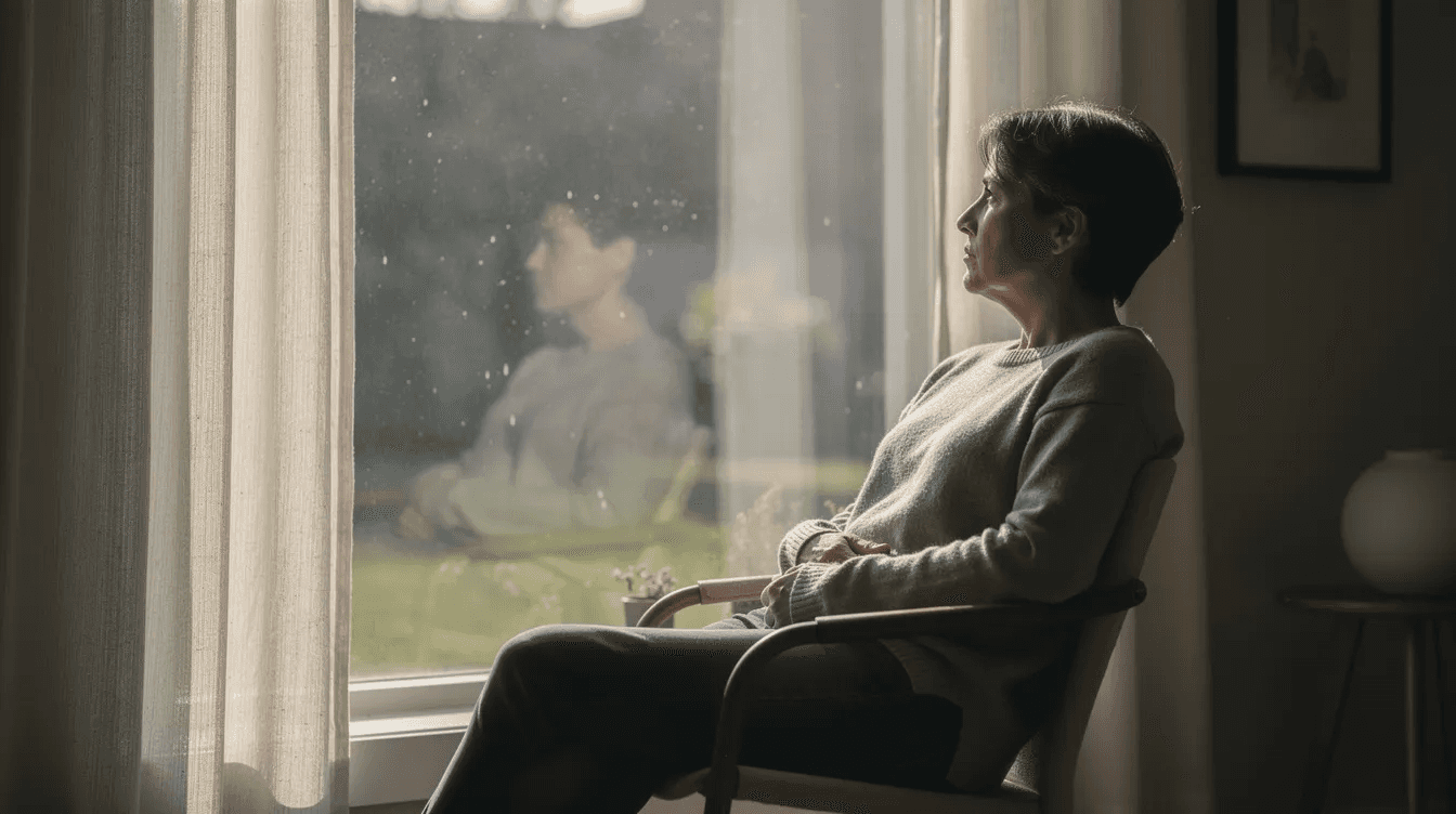 A thoughtful person sits alone by a window, reflecting on their financial circumstances and the emotional challenges that can arise from sudden wealth. The scene captures a moment of introspection, highlighting the complexities of managing newfound wealth and the potential identity crisis that can accompany it.