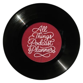 Rotating vinyl record with the All Things Podcast Planner logo