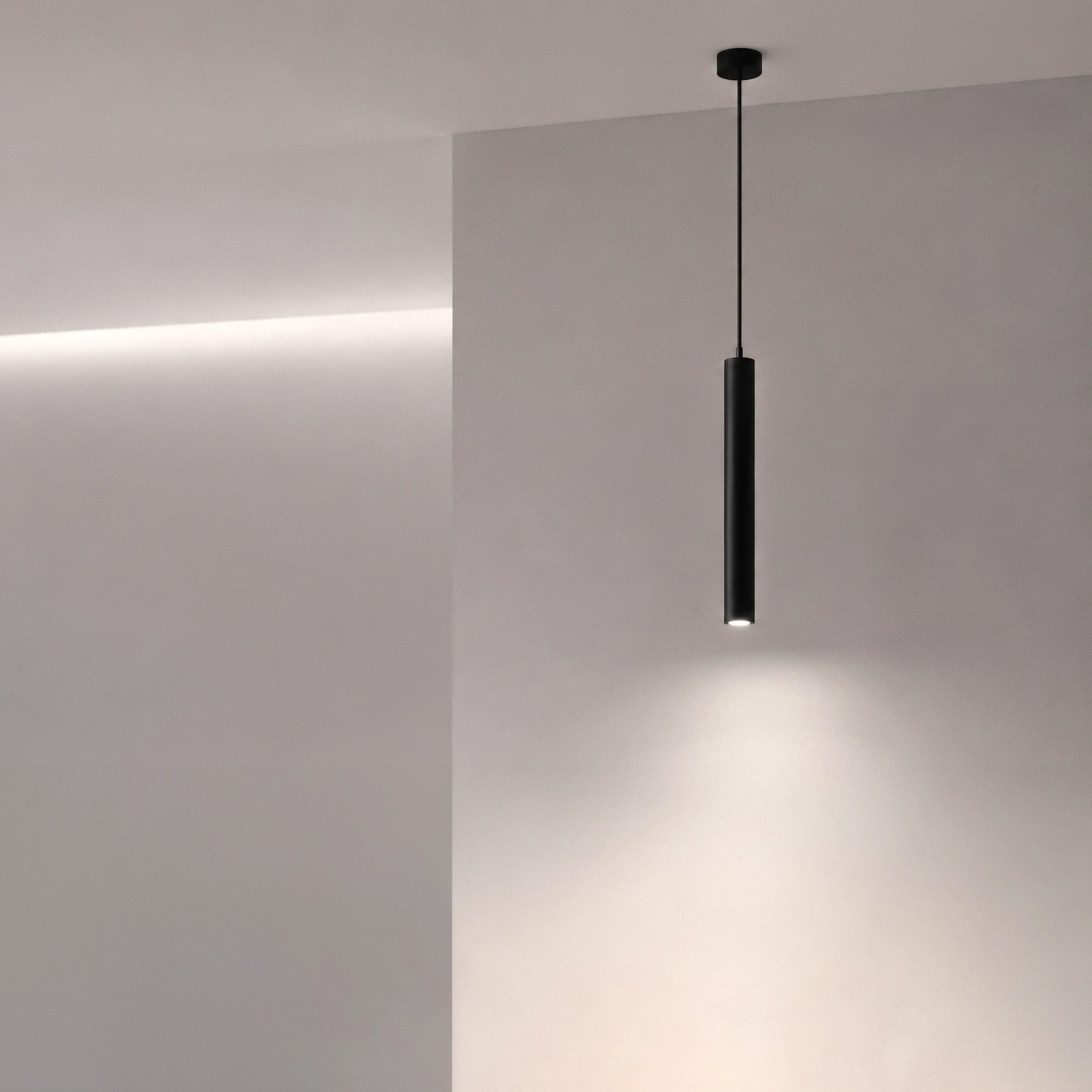 Schwarze schlanke LED-Pendelleuchte Stellar beta R4-1 Slim in Form einer langen Tube mit Citizen COB-LED