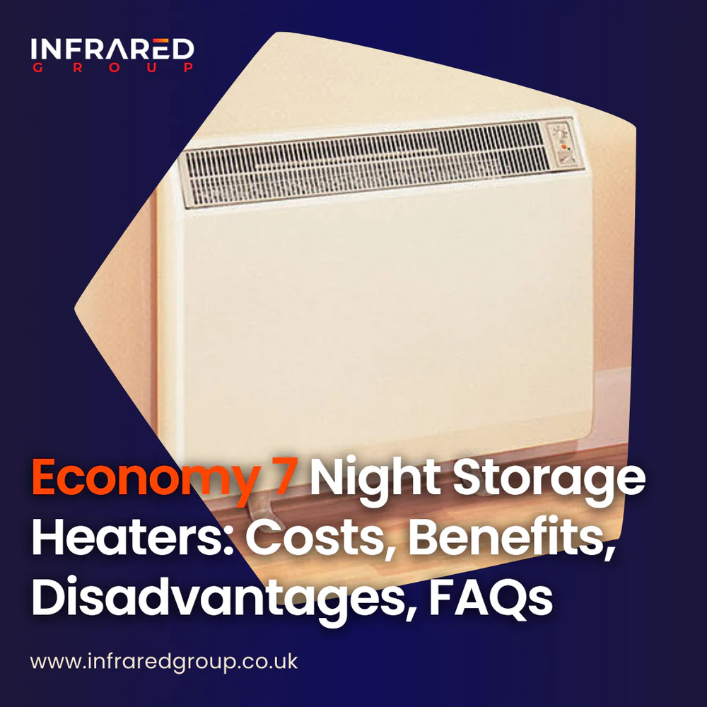 A photo of a rectangular infrared heating panel on the wall of a modern, minimalist, sleek, cream dining room with a link to the blog post "Infrared Heating: Costs, Advantages, Disadvantages, FAQs" 
