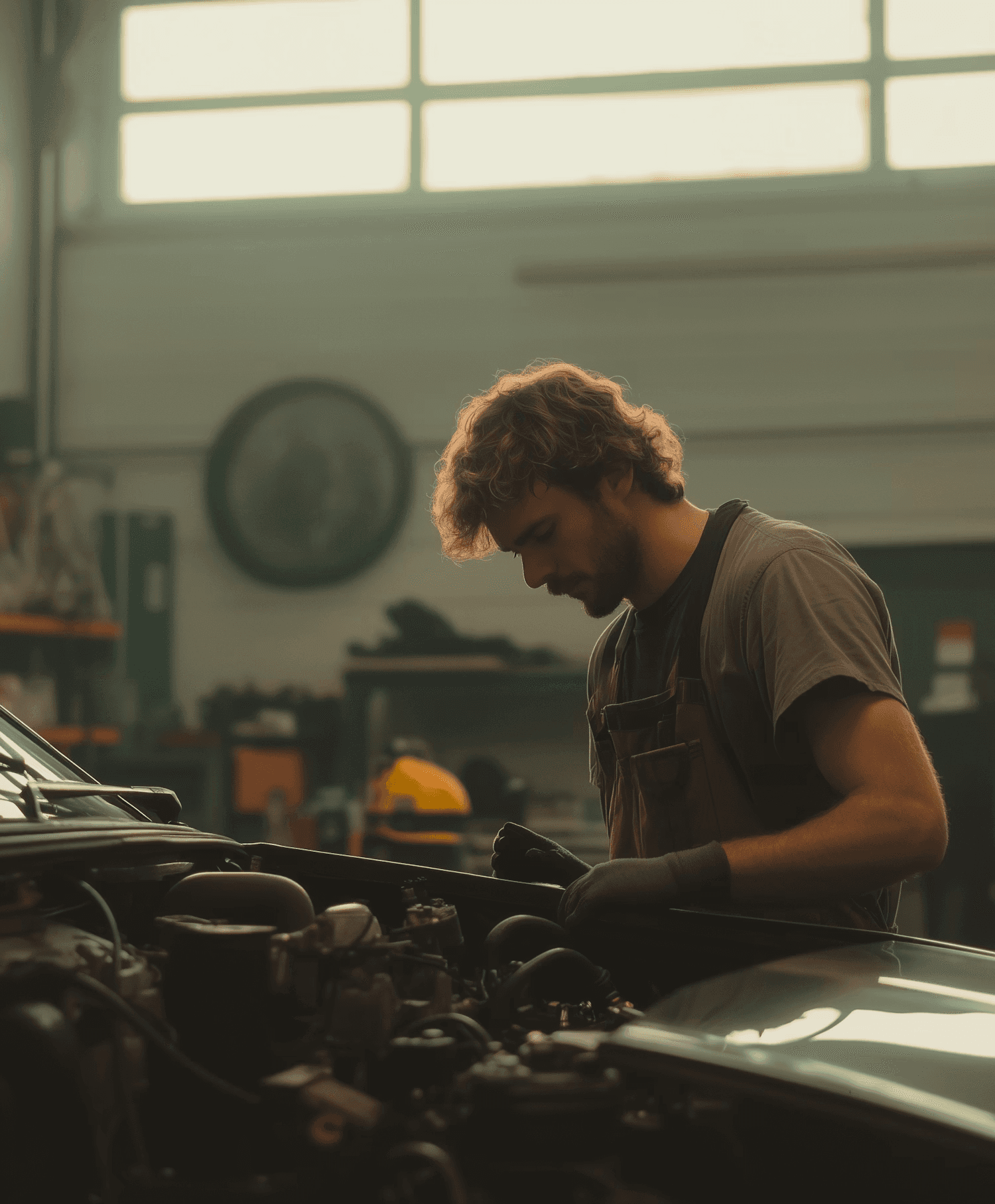 Mechanic working in dim garage.