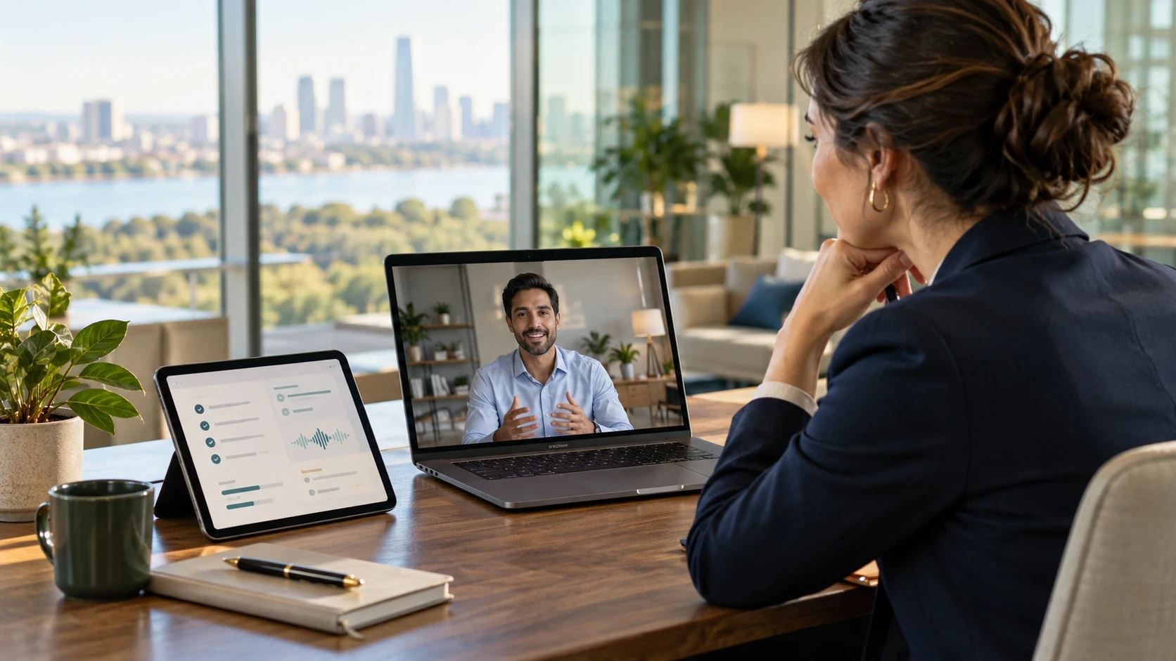 Hiring manager conducts a video interview while an AI interview copilot displays structured notes and evaluation criteria on a tablet.