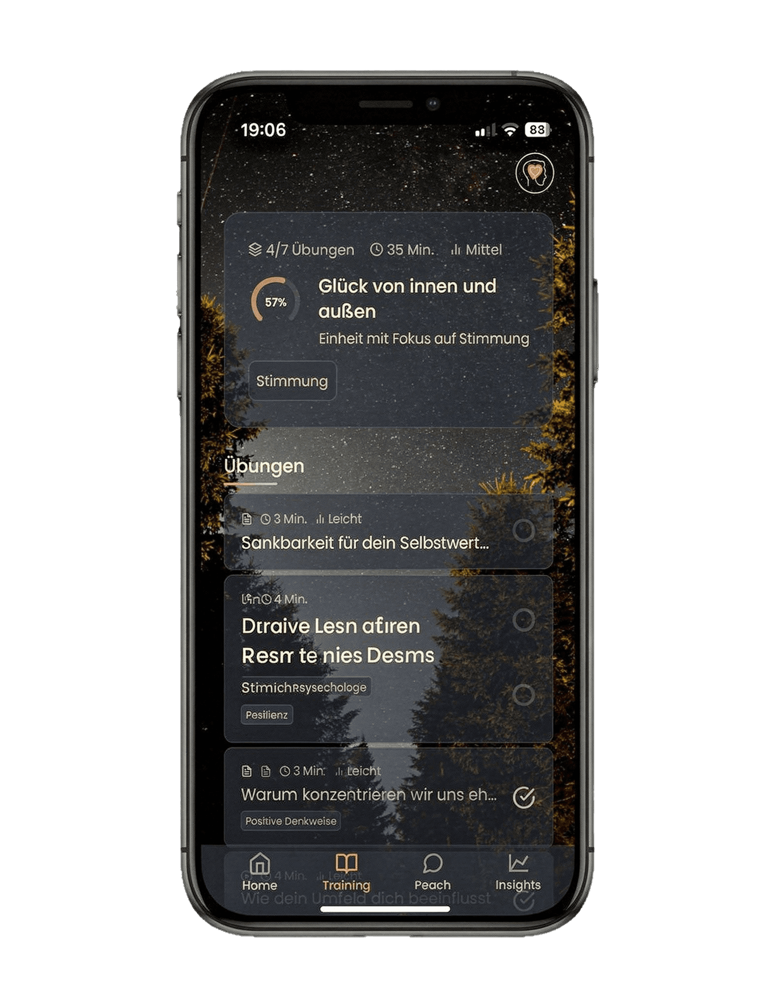 Screenshot des App Dashboards für den Fortschritt durch MindElevate
