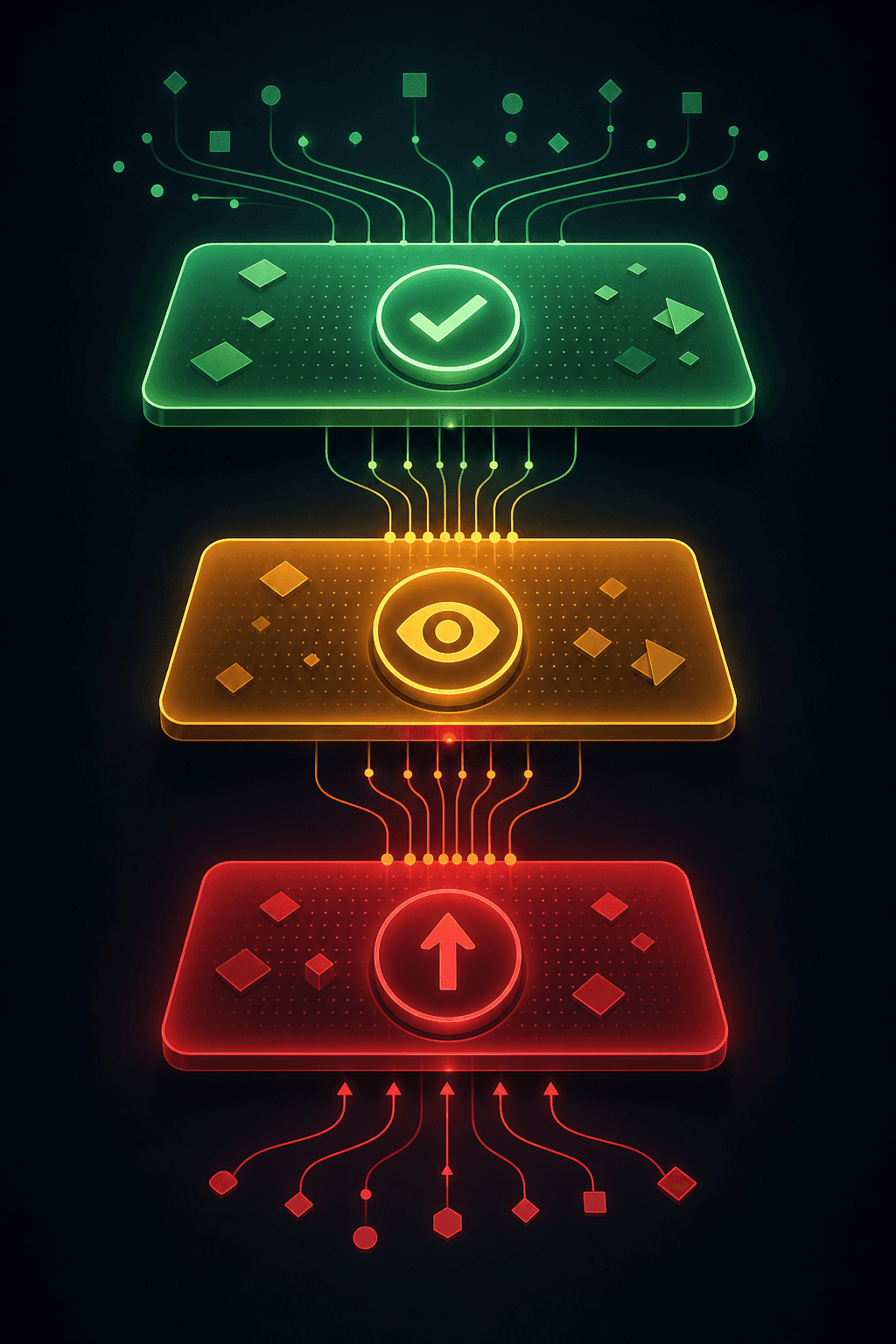 A clean, modern diagram showing three horizontal tiers of a decision routing system. Top tier glows green with a checkmark symbol, middle tier glows amber with a review/eye symbol, bottom tier glows red with an upward escalation arrow. Abstract geometric shapes and flowing lines connect the tiers, representing automated routing and decision flow. Dark professional background with soft gradient lighting. No text, no labels, no words.
