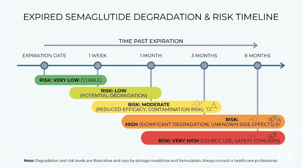 Semaglutide expiration timeline showing increasing degradation risk from days to months past expiry
