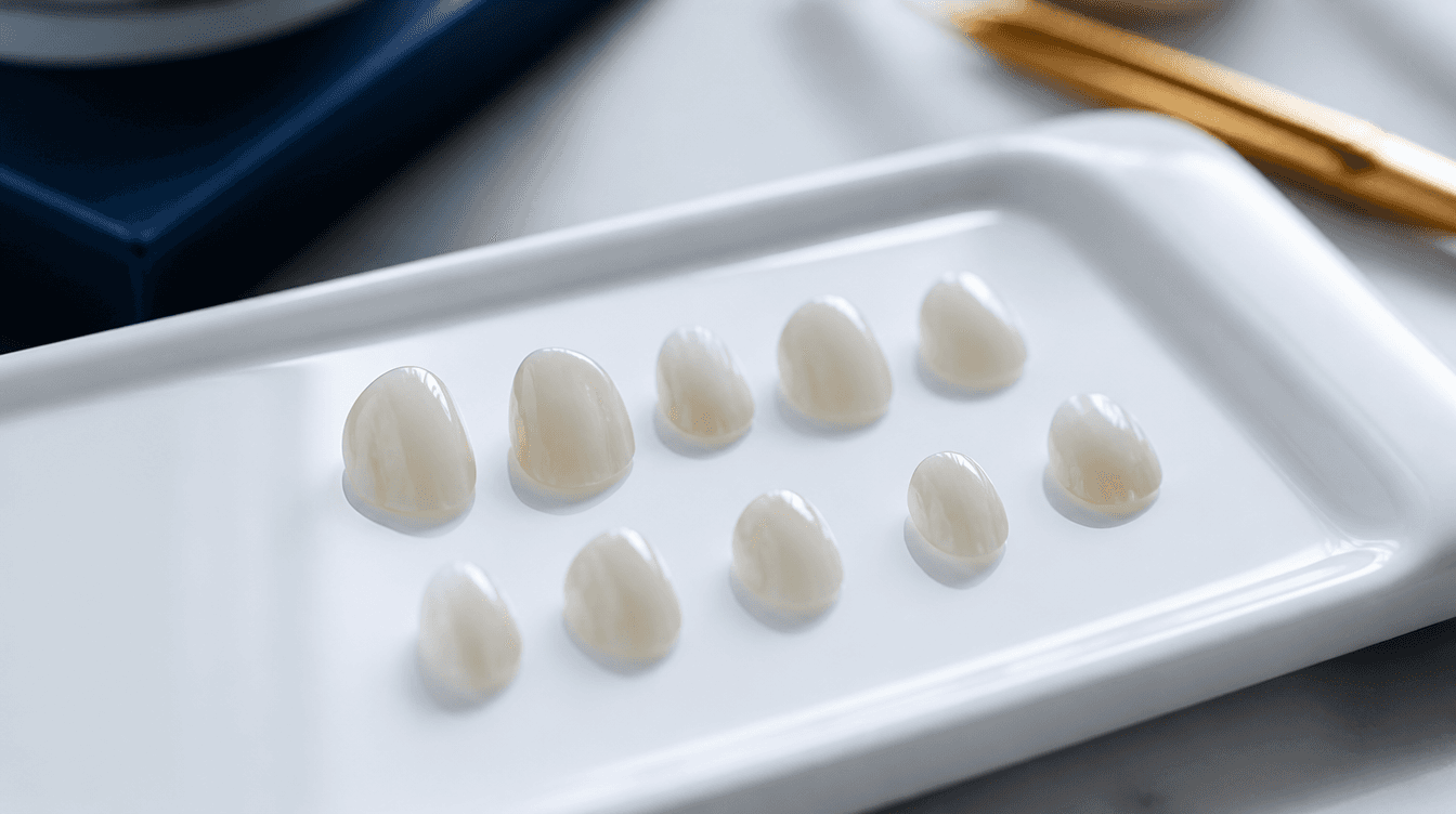 A set of 8 to 10 porcelain veneers laid out on a clean tray ready for placement at Smyrna Dental Studio
