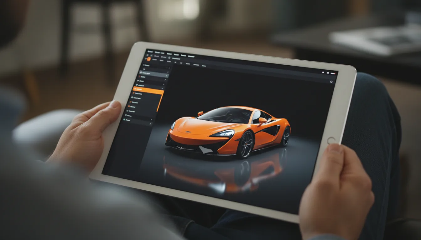 DSLR photo, over-the-shoulder close-up of a person holding a silver tablet computer horizontally on their lap. The screen displays a car configurator software UI, showing a photorealistic 3D render of a vibrant orange McLaren 570S sports car in a dark studio setting. The UI features a dark sidebar menu on the left with abstracted text lines and an orange highlighted selection. The shot uses a shallow depth of field, with sharp focus on the car on the screen and the person's hands and dark pants softly blurred in the foreground and background. Soft, ambient lighting.