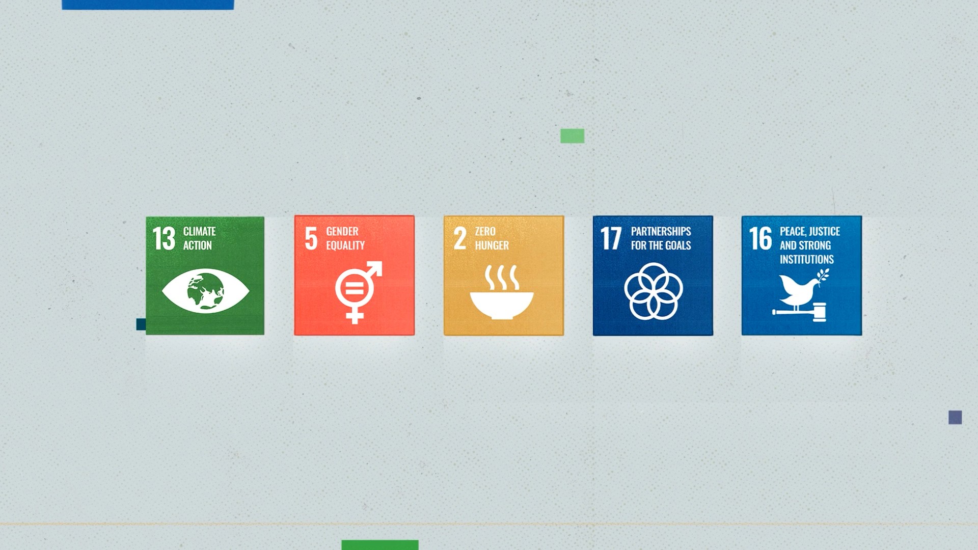 Row of colorful icons representing global development goals including climate action, equality, hunger, partnerships and justice