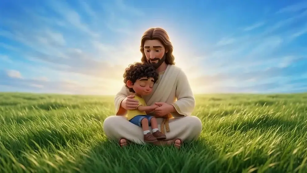 Scene 9: Jesus sitting cross legged in the meadow holding the boy in his lap