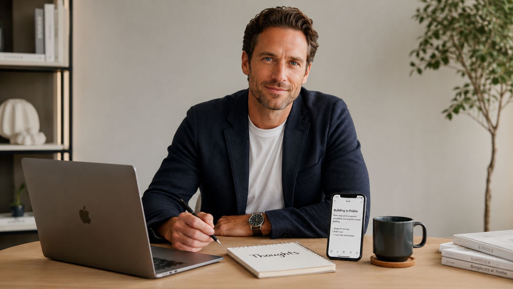 A professional man sitting at a desk with a laptop, notebook, and smartphone, brainstorming branding strategies.