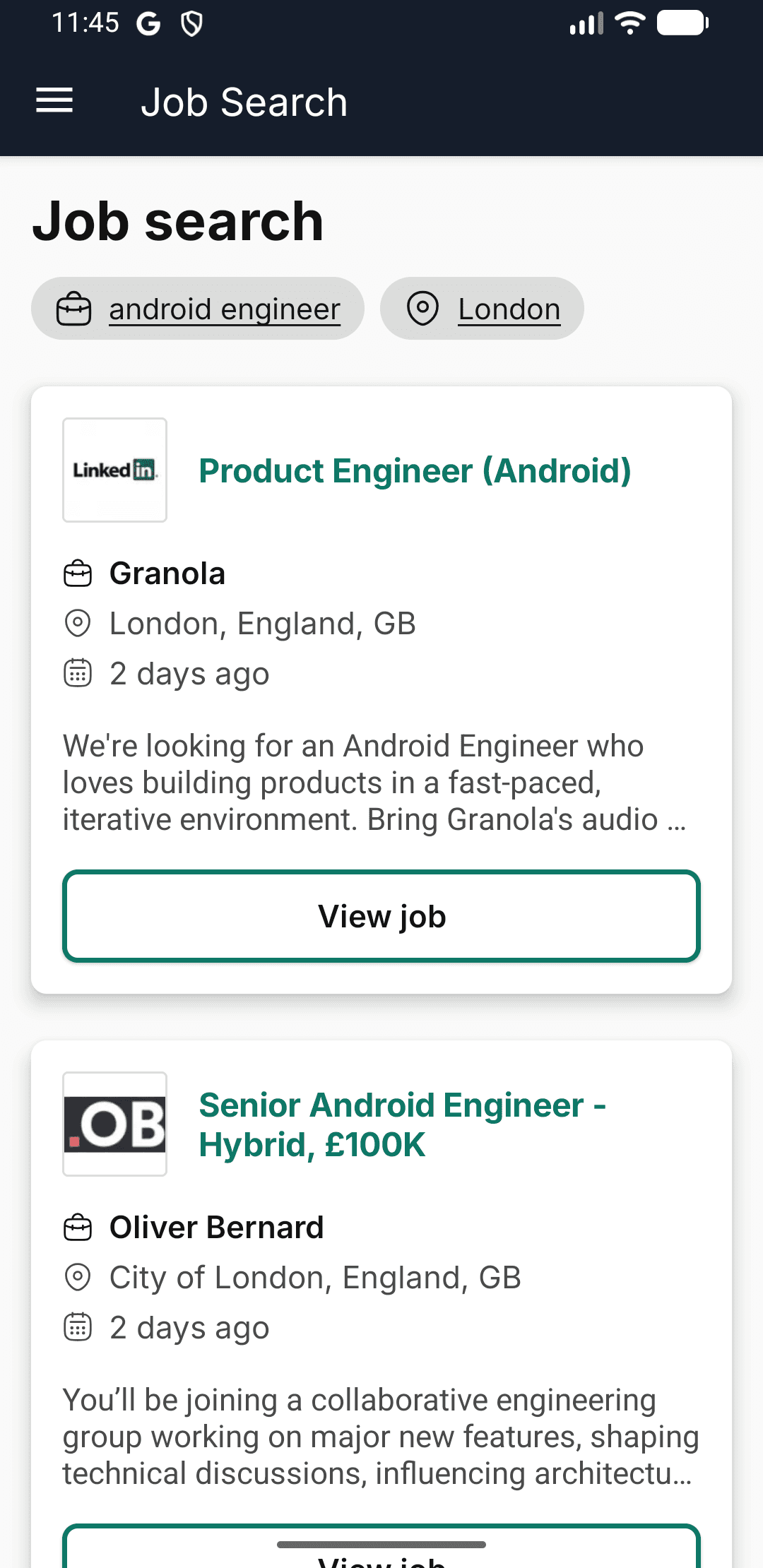 Job Search screen in the CV Engineer Android app