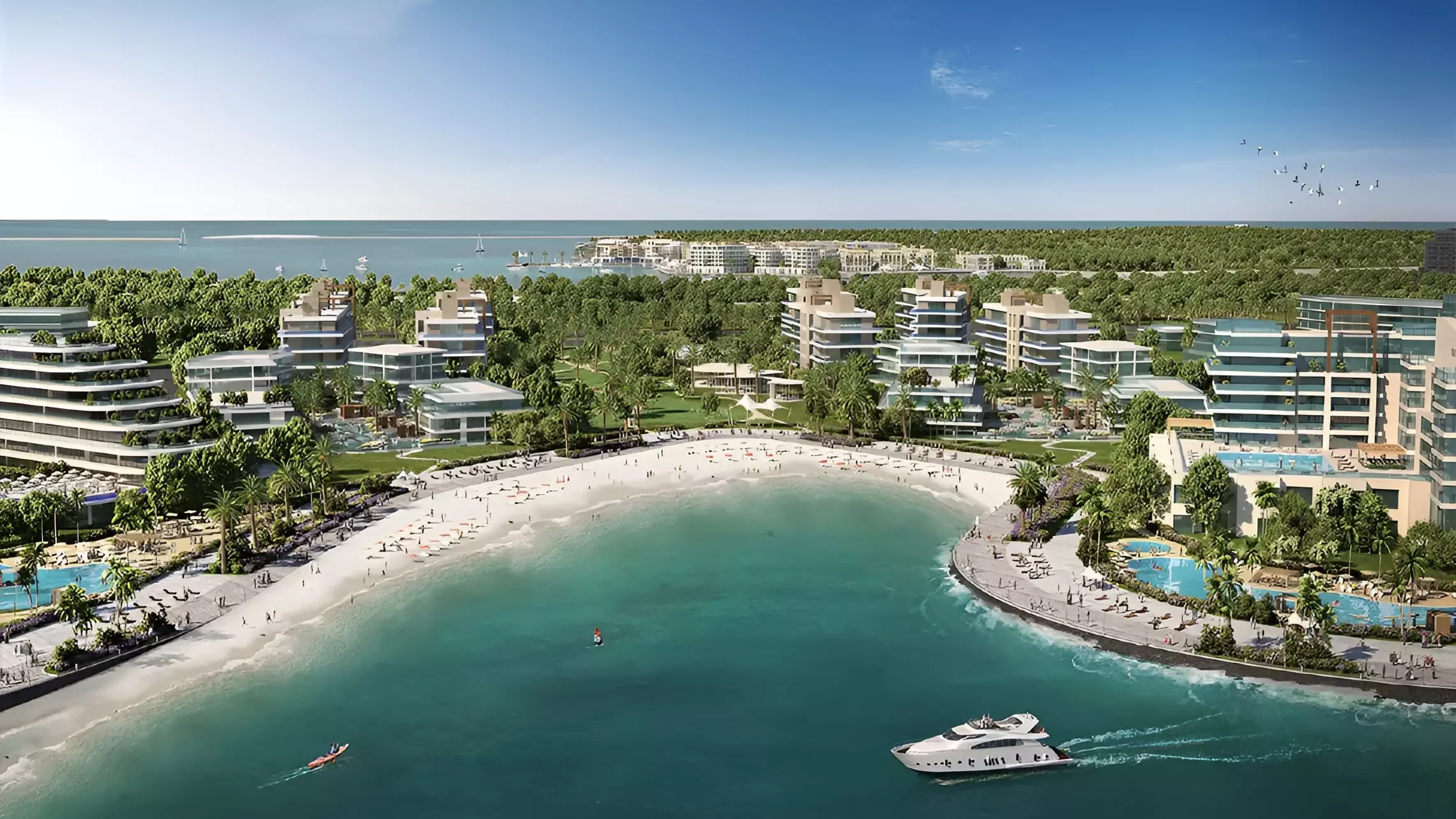 Aerial view of Azizi Wasel on Dubai Islands with private beach, turquoise waters, and luxury waterfront residences surrounded by greenery.
