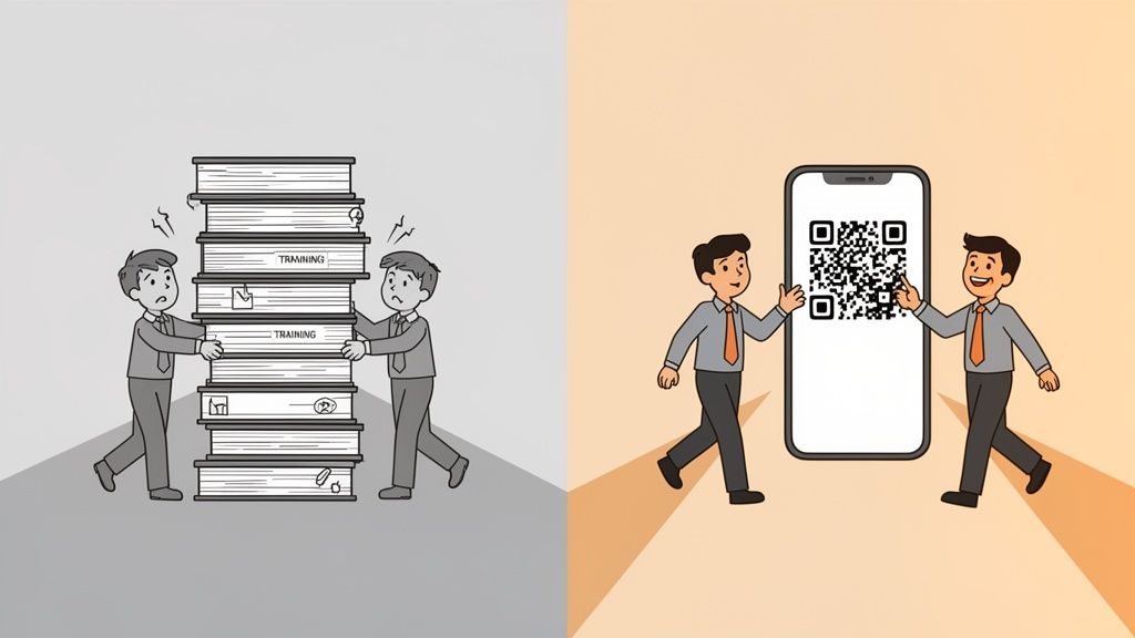 Comparison of laborious paper-based training with efficient, modern digital training via QR code.