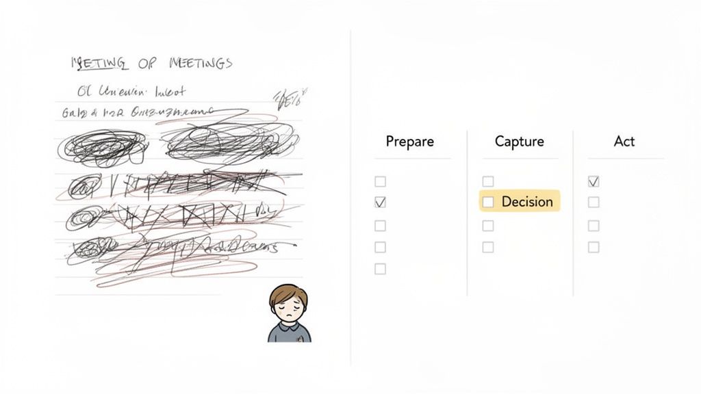 A stressed individual sits by a messy meeting notebook and a checklist highlighting 'Decision' under 'Capture'.