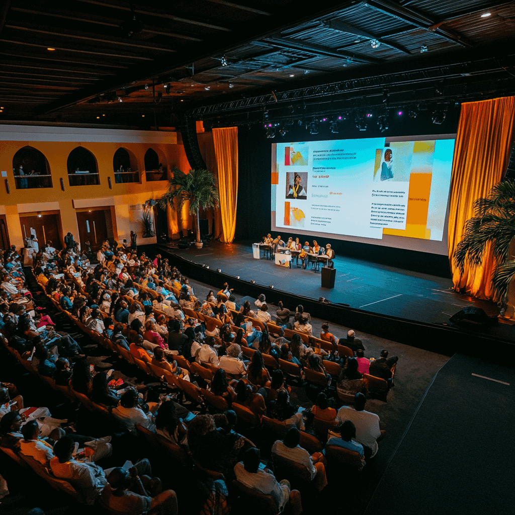 Vue aérienne d'une conférence d'affaires dans les Caraïbes avec une scène principale - événements professionnels et réseautage sur ProEvent97.