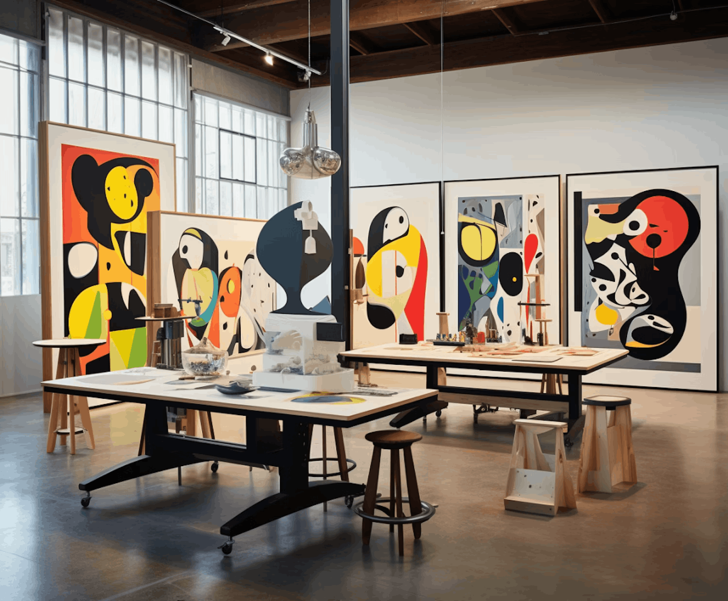 Modern art studio with large abstract paintings and creative workstations.