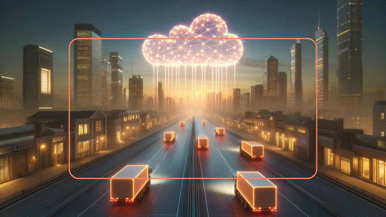 Futuristic trucks driving under a glowing cloud symbolizing digital logistics and connectivity