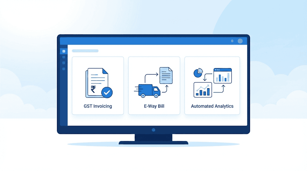 Architecture of compliance showing GST billing and automation features on the Zybra cloud accounting dashboard.