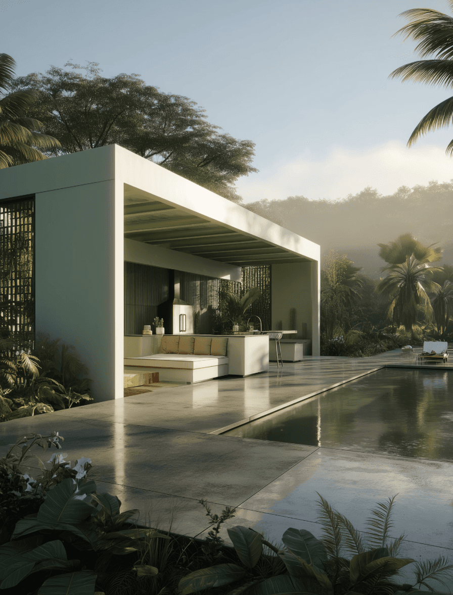     Tropical modern villa beside a long reflective pool surrounded by greenery