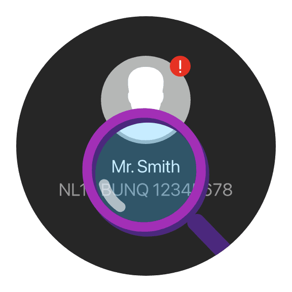 Vergrootglas inspecteert rekeninghouder 'Mr. Smith' en IBAN-nummer, en suggereert meldingen van naamverschillen en verbeterde betalingsverificatie.