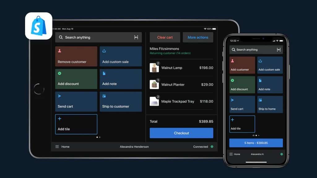 Shopify POS app on an iPad and iPhone with a cart, product tiles and checkout button