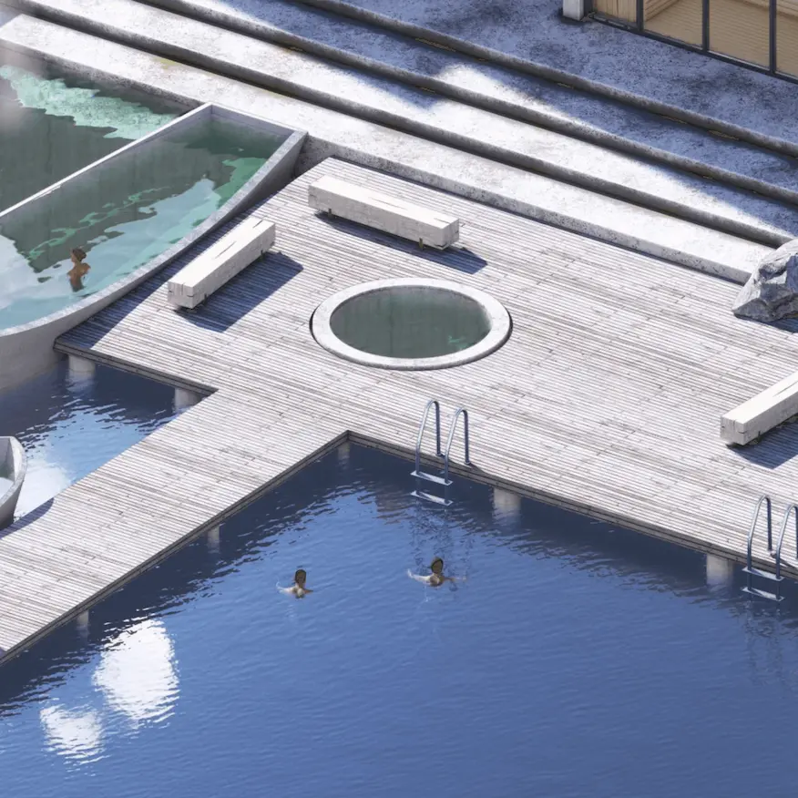 Architectural render of an outdoor rectangular pool and a circular hot tub on a wooden deck.