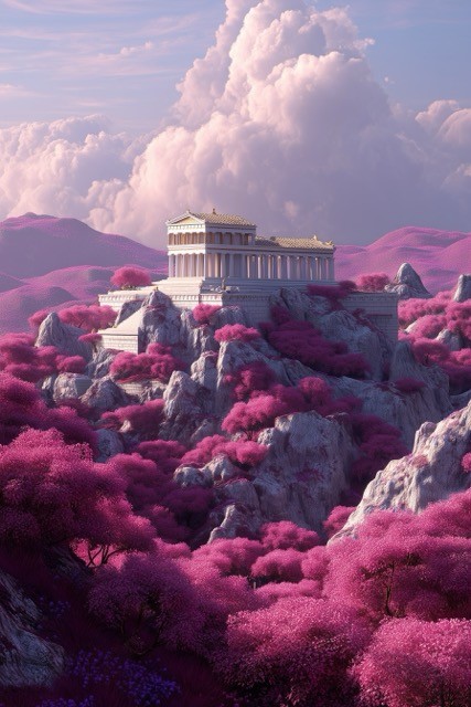 Ancient Greek temple on a mountain with pink foliage and dramatic clouds.