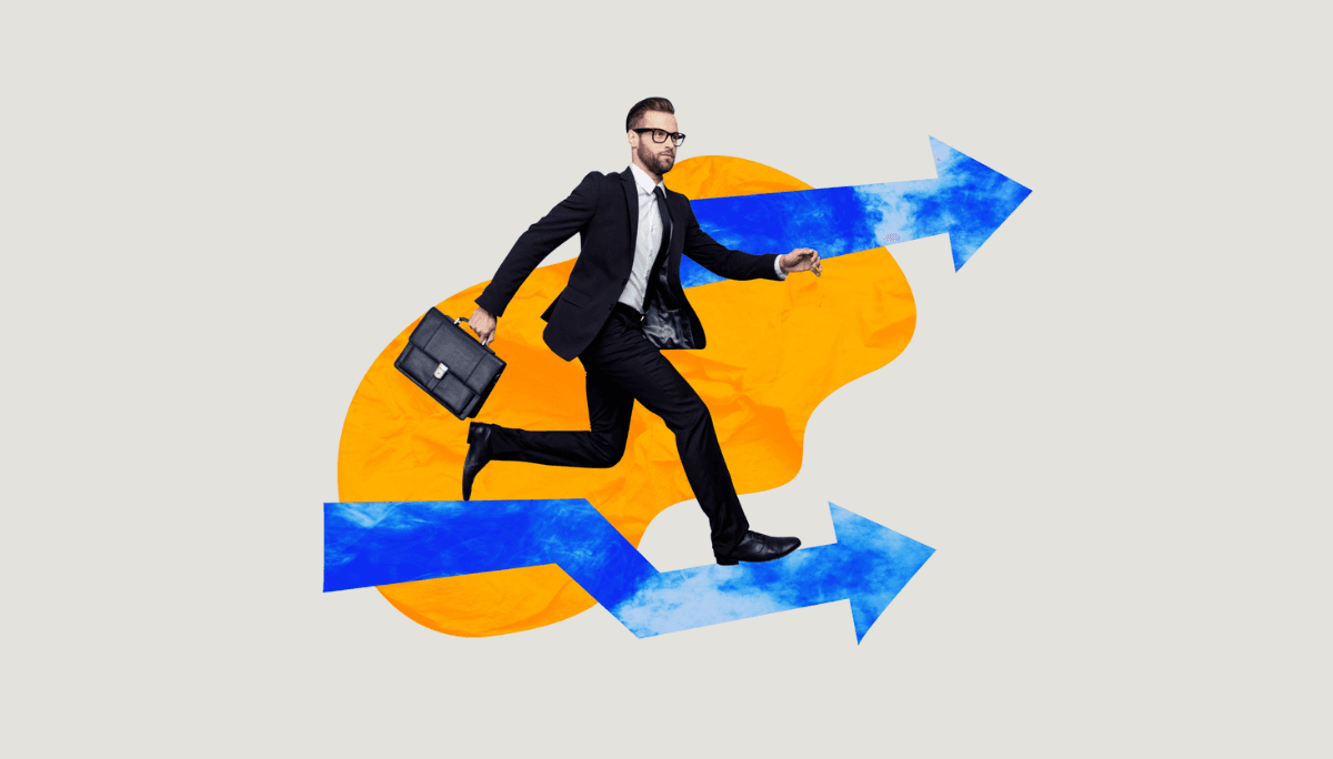 Business professional with briefcase moving forward beside arrows, symbolizing hiring software engineers and career progress.
