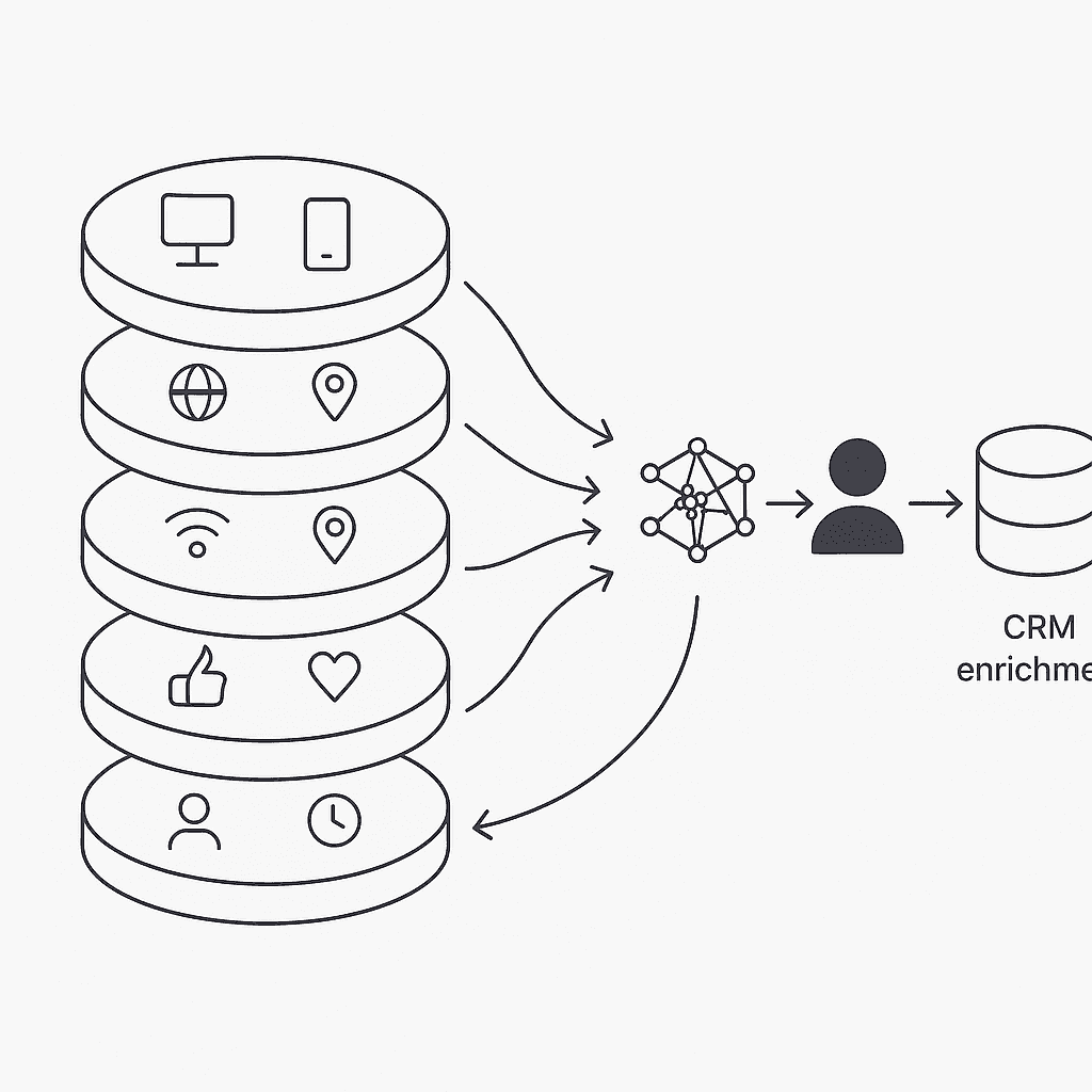 Five signal layers funnel into a central AI hub that outputs a singled-out visitor profile.