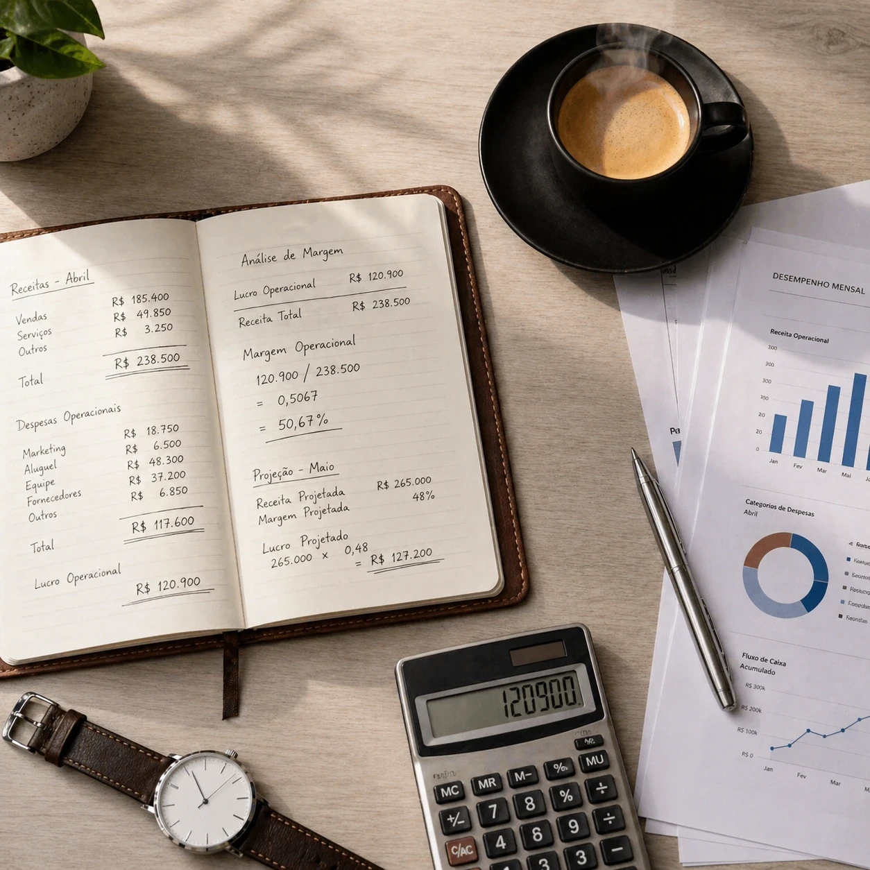 Caderno com cálculos manuais de margem operacional, calculadora e relatórios de desempenho mensal para definir investimento em tráfego pago