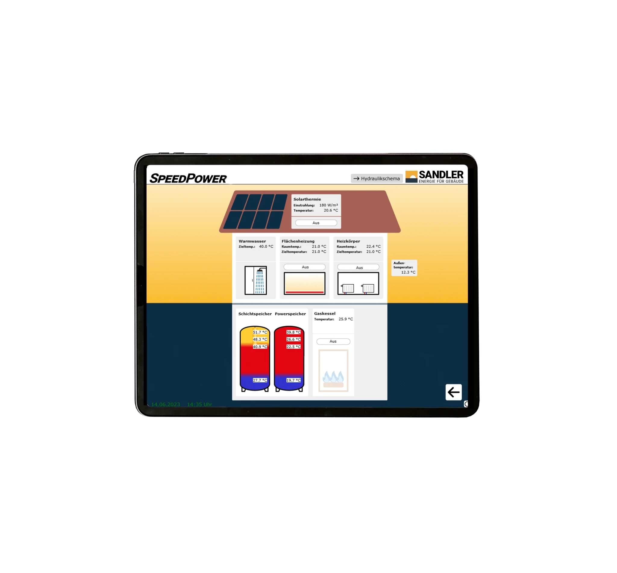 SpeedPower Bedienoberfläche mit Anlagenschema auf einem Tablet