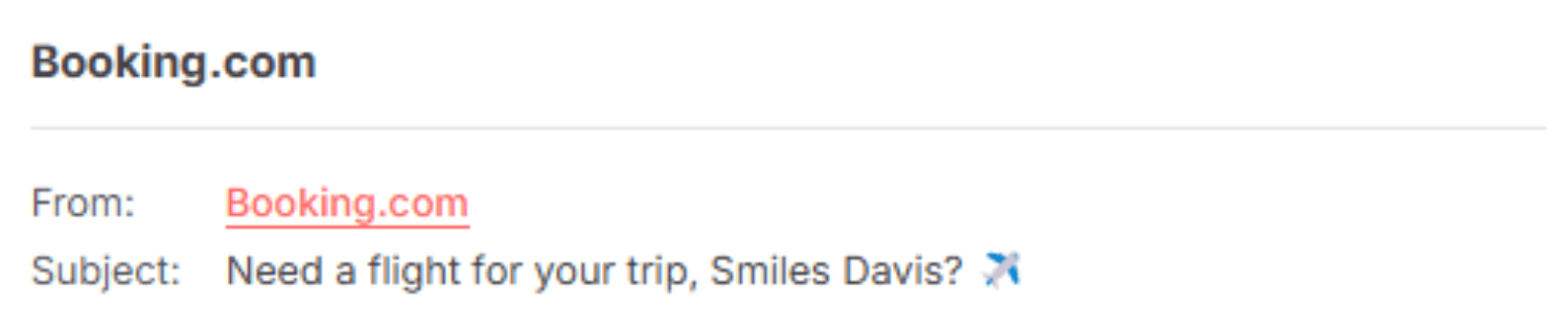 "Booking.com email with the subject line 'Need a flight for your trip, Smiles Davis? ✈️,' offering travel assistance tailored to the recipient."