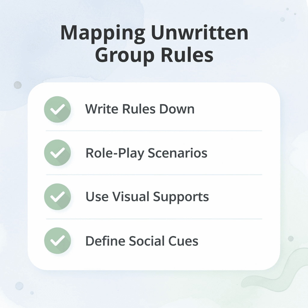 Checklist infographic showing five steps for mapping unwritten group activity rules