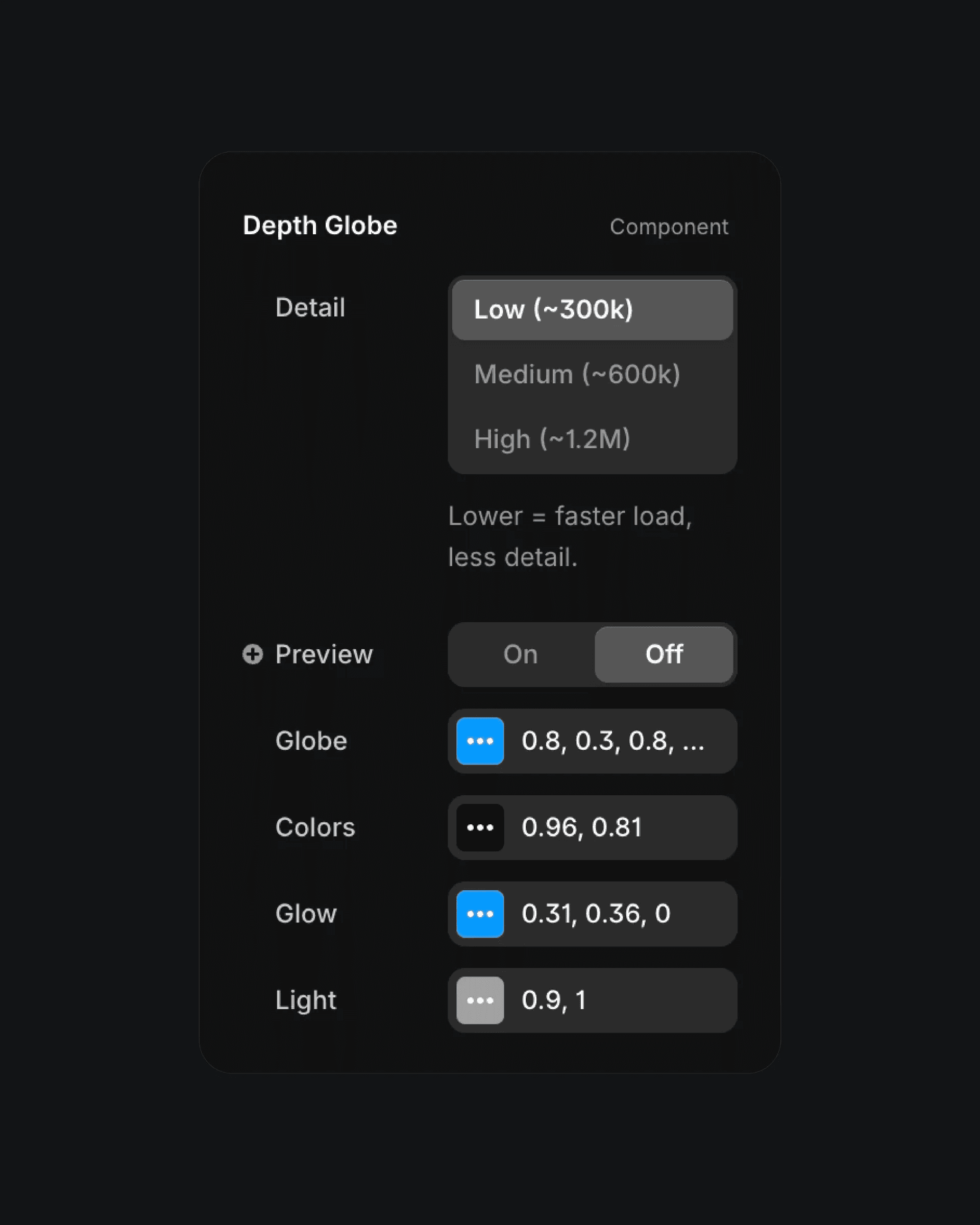 Framer Depth Globe component settings panel