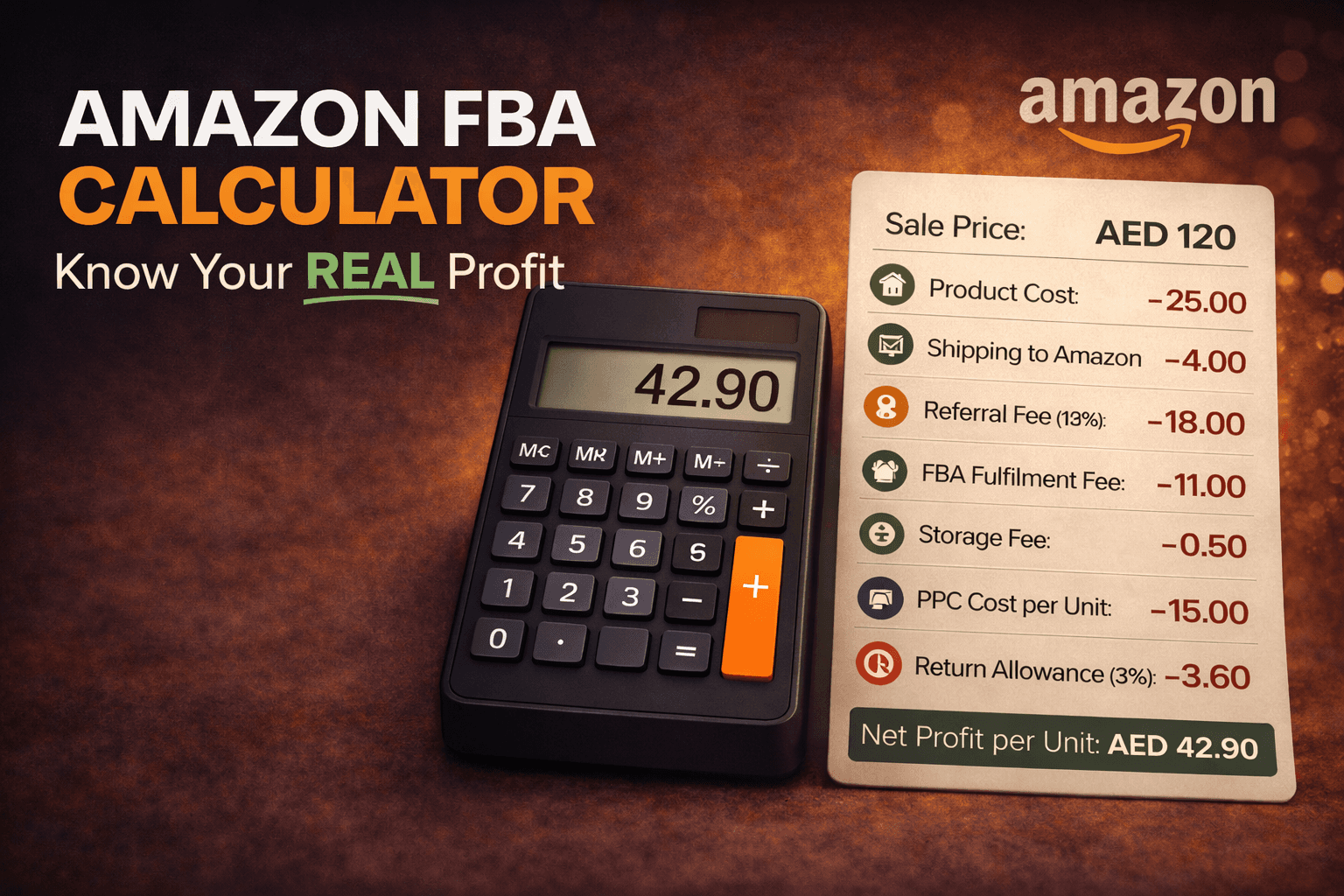 Amazon FBA calculator showing AED 42.90 profit with detailed fee breakdown including referral, shipping, PPC and fulfilment costs
