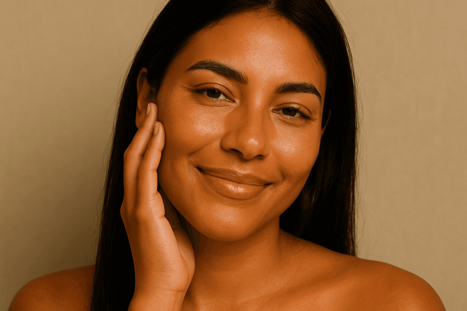 Close-up portrait of a woman with long red hair, closed eyes, and a soft expression, against a beige background