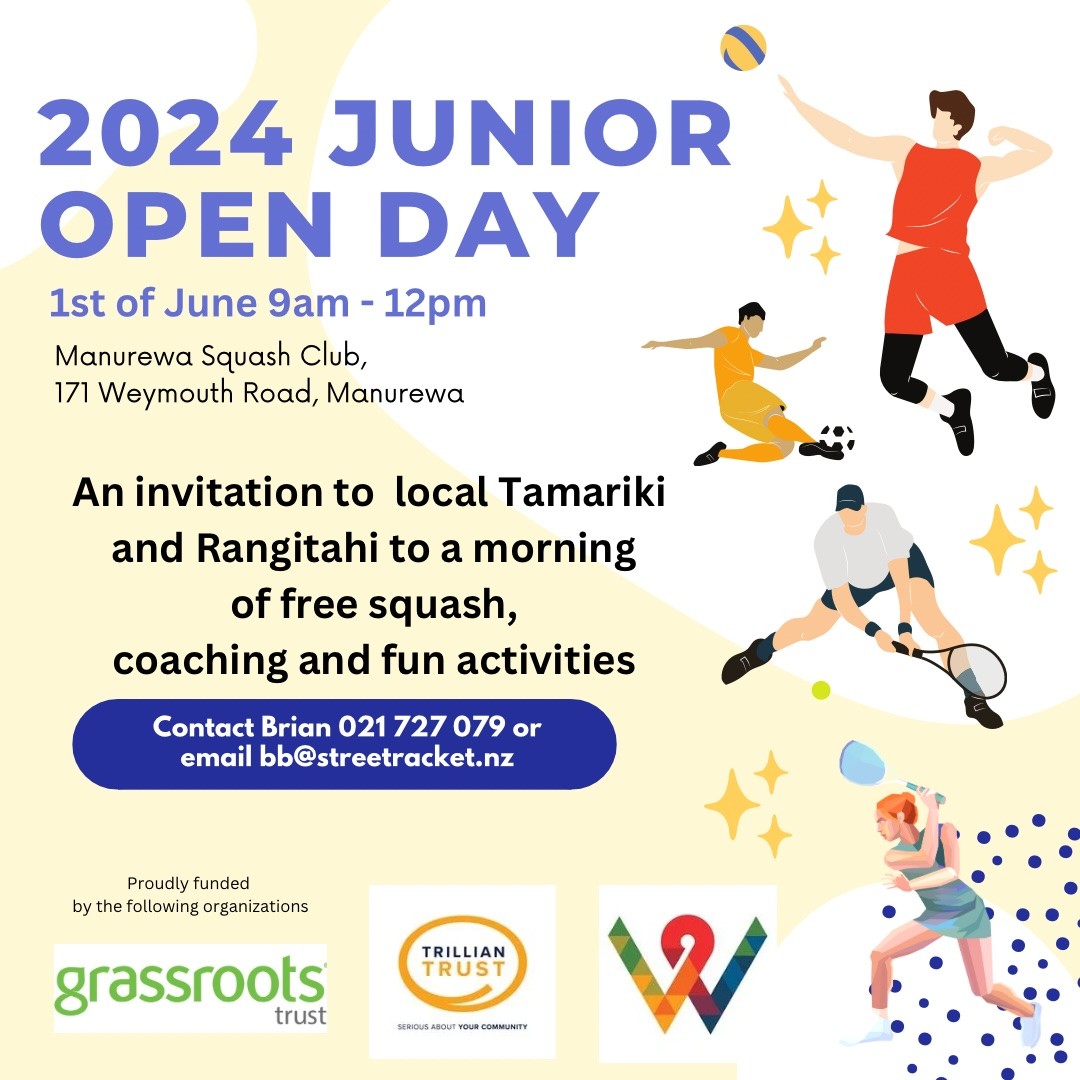 Poster for Manurewa Squash Club 2024 Junior Open Day