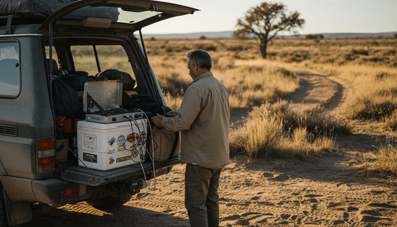Un viajero se alista y organiza su equipo antes de emprender un safari en coche por su cuenta.
