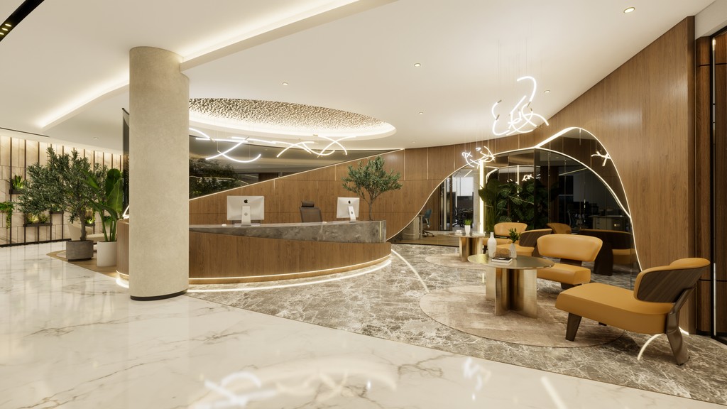 Reception area at Office Square’s coworking space in Dubai, featuring a curved front desk, modern lighting, indoor plants, and a guest seating zone.